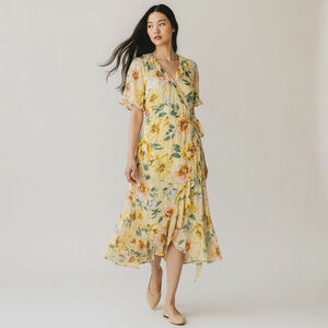 Size S Old Navy Yellow Floral Spring Summer short Sleeve Wrap Midi Dress